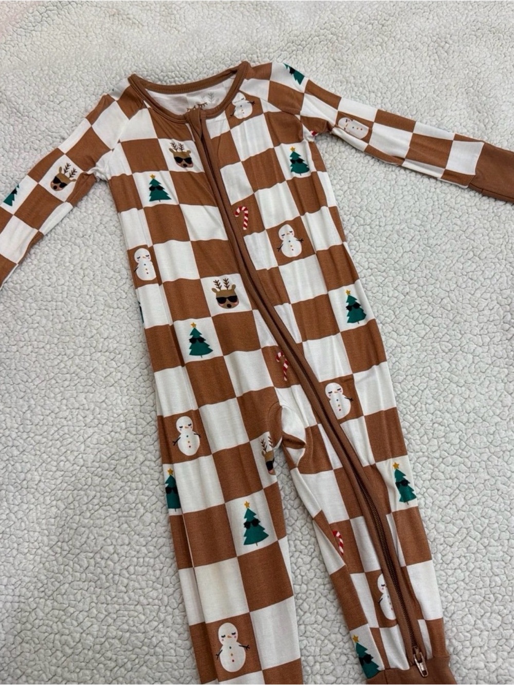 Little Sleepies Brown and White Check Holiday One-Piece Zippie